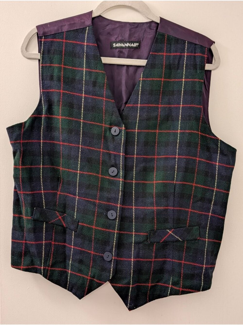 Vintage Savannah Purple Lined Plaid Button-Up Vest With Adjustable Back Tie Size